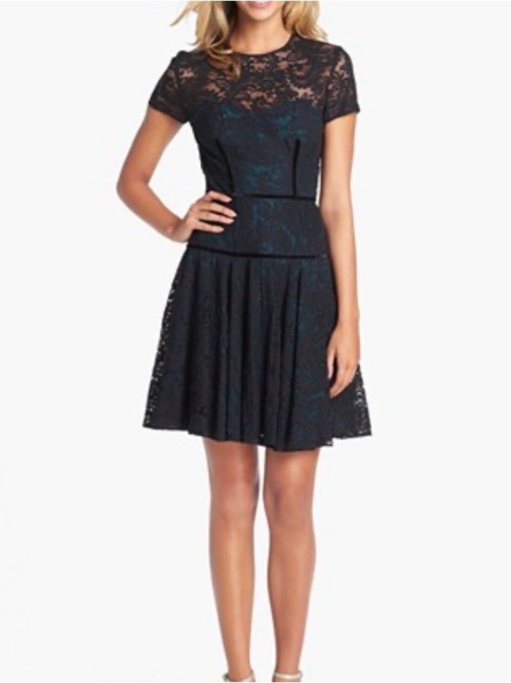 New Jill Stuart Black Lace Short Sleeve Fit-and-Flare Mini Dress